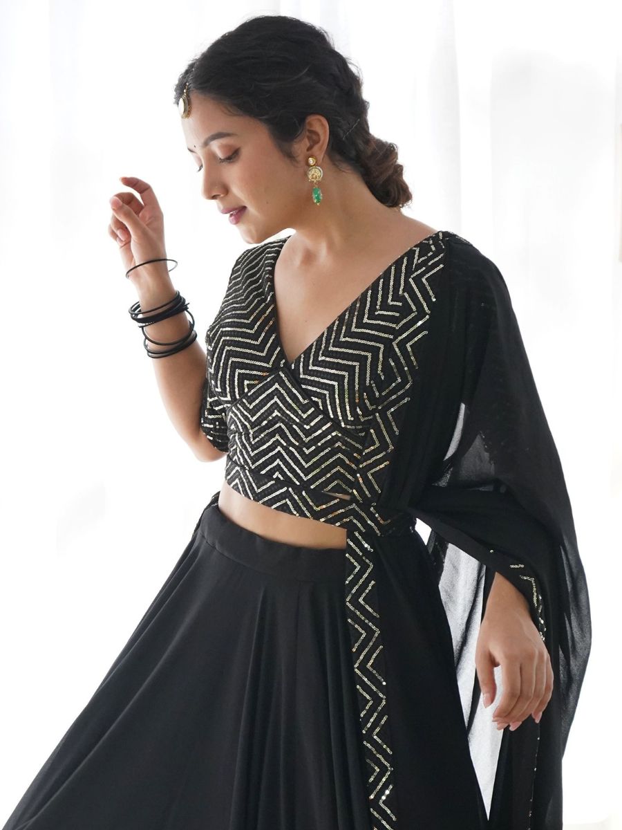 Stylish Party Wear Black Sequins Georgette Lehenga - Front Blouse Neck Design