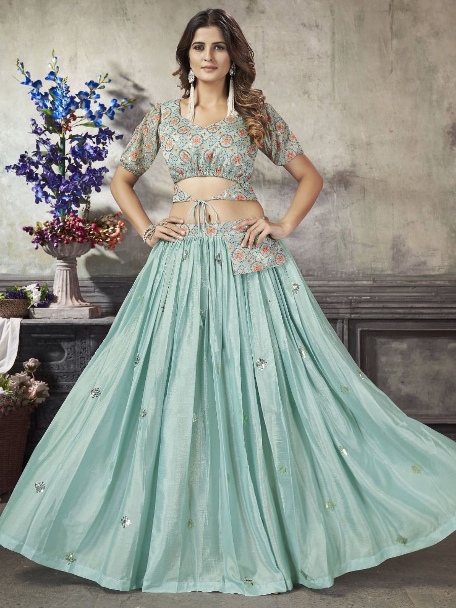 Buy Stylish Light Sea Green Silk Party Wear Crop Top Lehenga