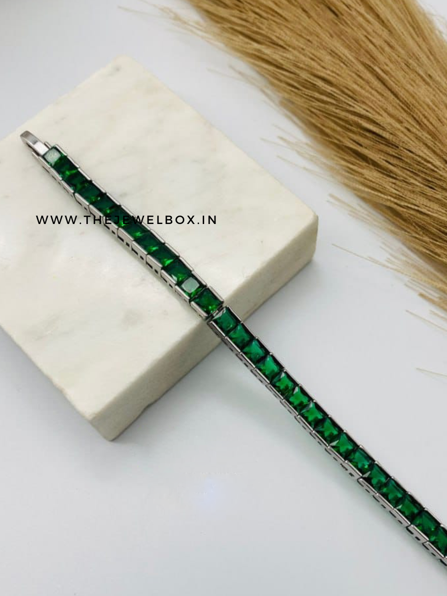 Stylish Square Cut Emerald Stone Silver Tennis Bracelet