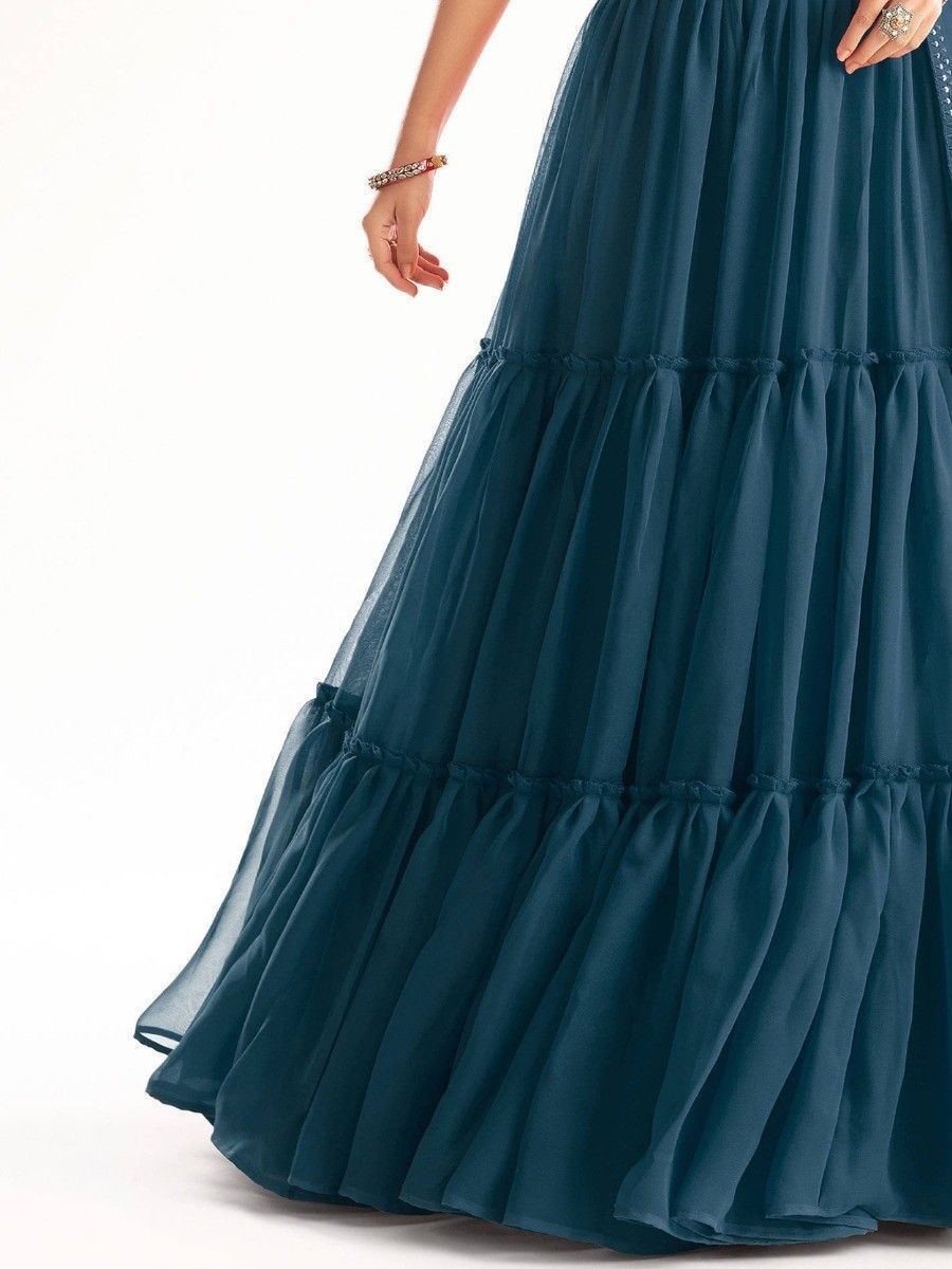 Stylish Teal Blue Party Wear Sequins Georgette Lehenga Choli