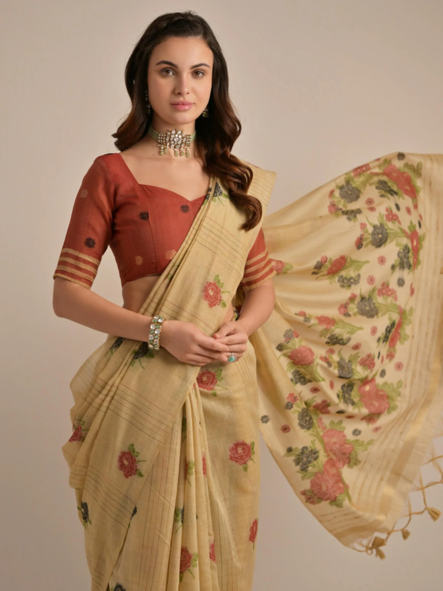 Traditional Beige Floral Woven Cotton Handloom Saree with Rust Orange Blouse