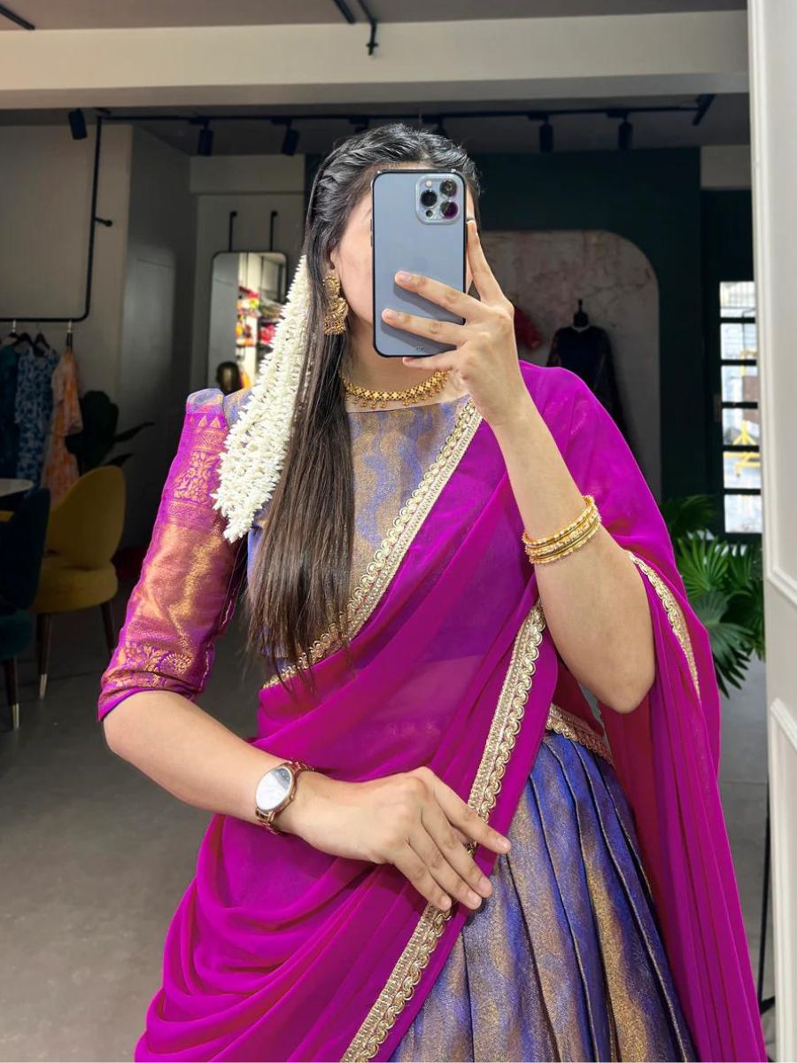 Traditional Blue and Pink Pleated Kanjivaram Half Lehenga Saree - Blouse