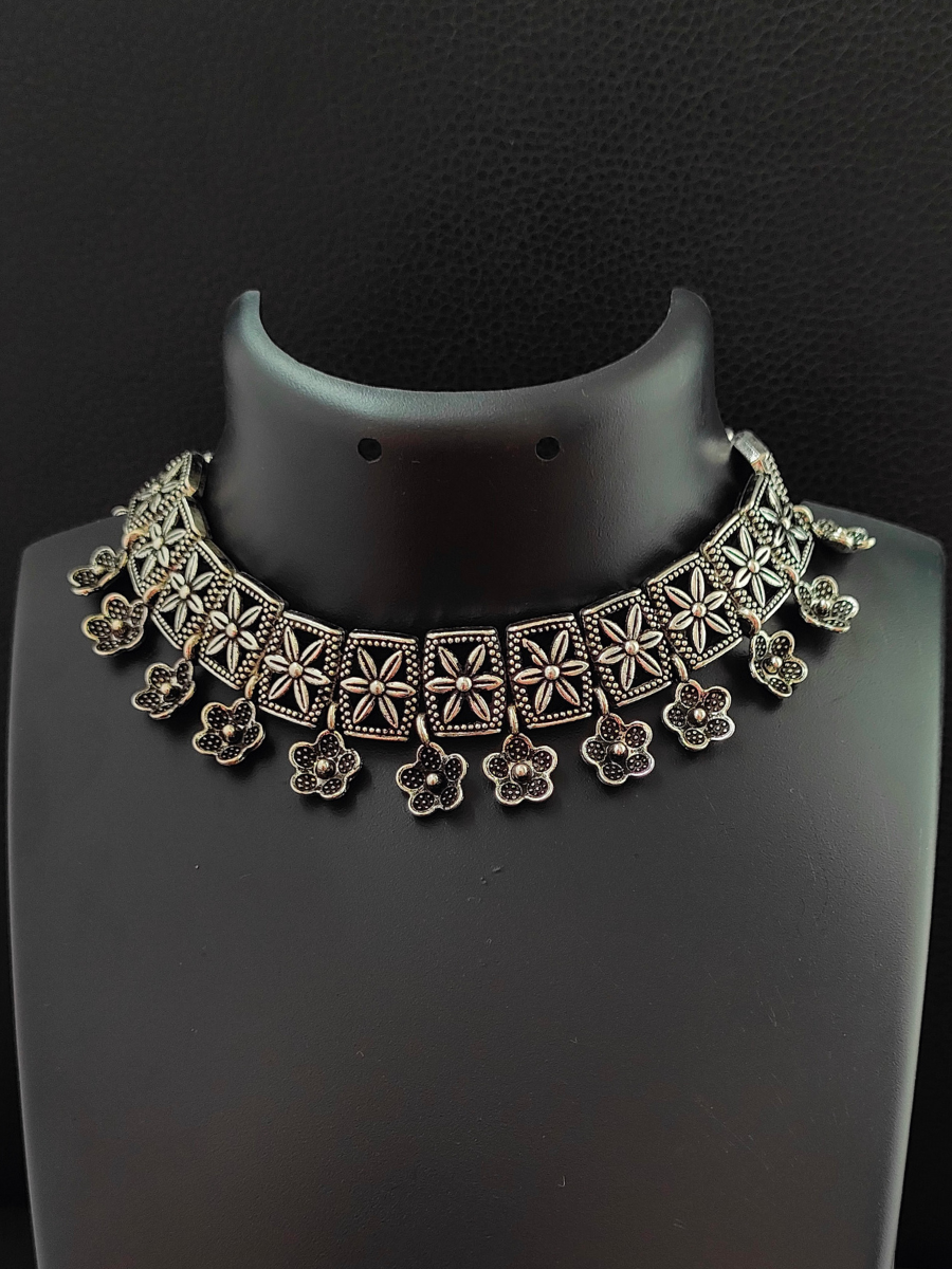 Traditional Floral Oxidised Silver Choker Necklace