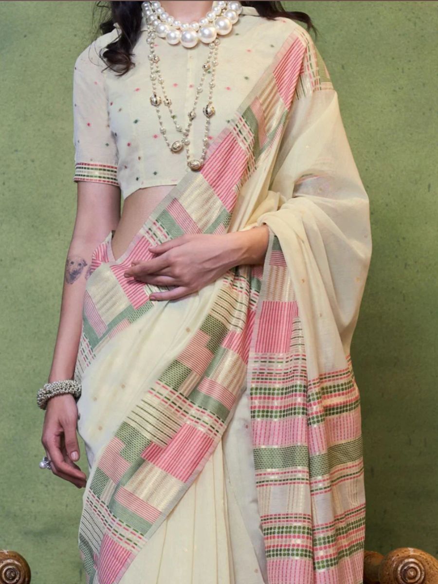 Traditional Green and Pink Check Pattern Beige Cotton Saree with Blouse