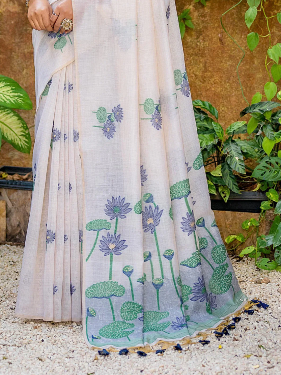 Traditional Off White Cotton Saree - Grey Lotus Printed Pallu