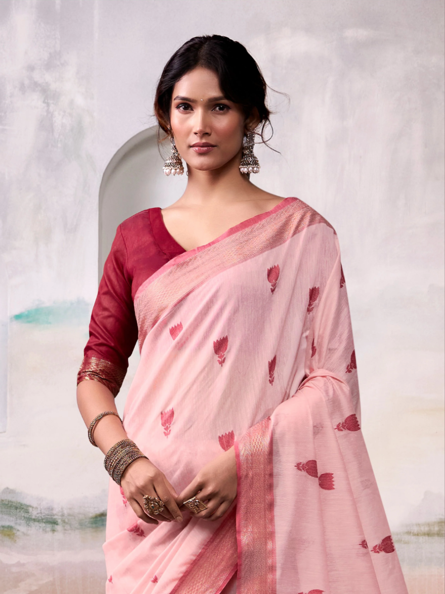 Traditional Peach Handloom Cotton Saree with Rose Red Woven Pallu