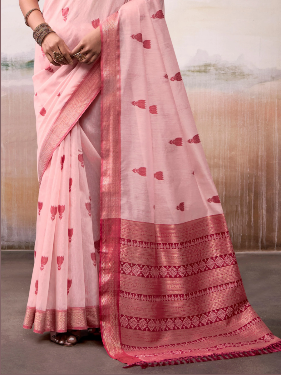 Traditional Peach Handloom Cotton Saree - Rose Red Woven Pallu