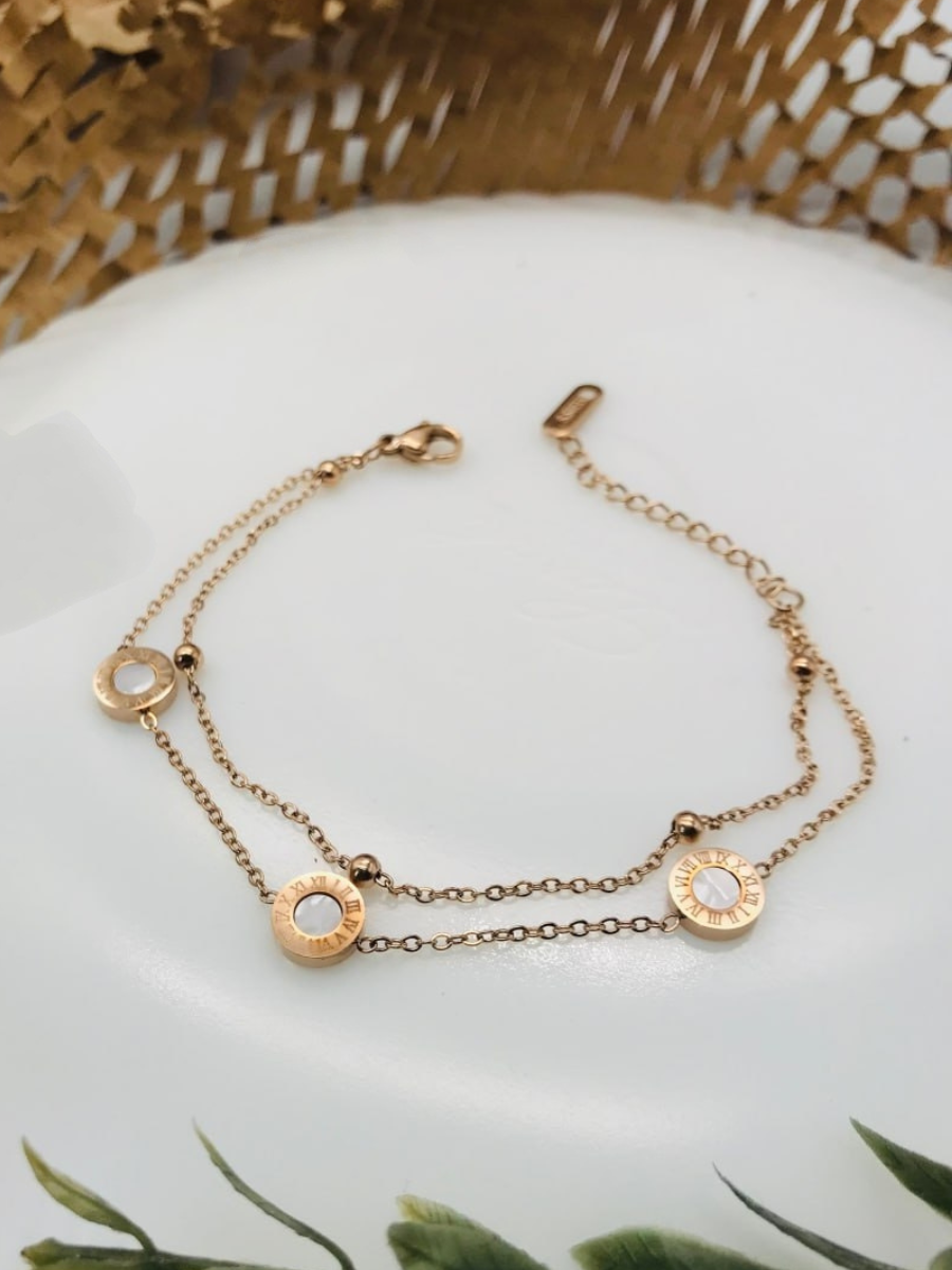 White Roman Charms Double Chain Rose Gold Bracelet