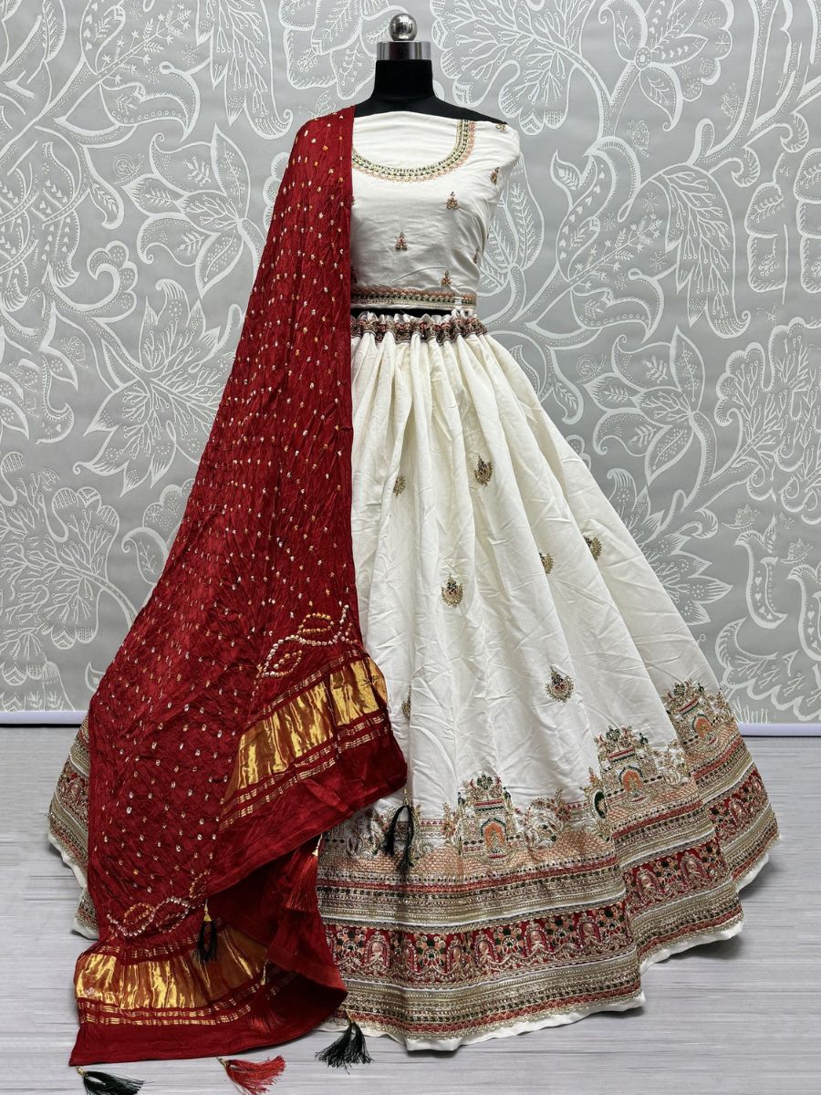 Buy White and Red Thread Work Silk Bridal Wedding Lehenga Choli