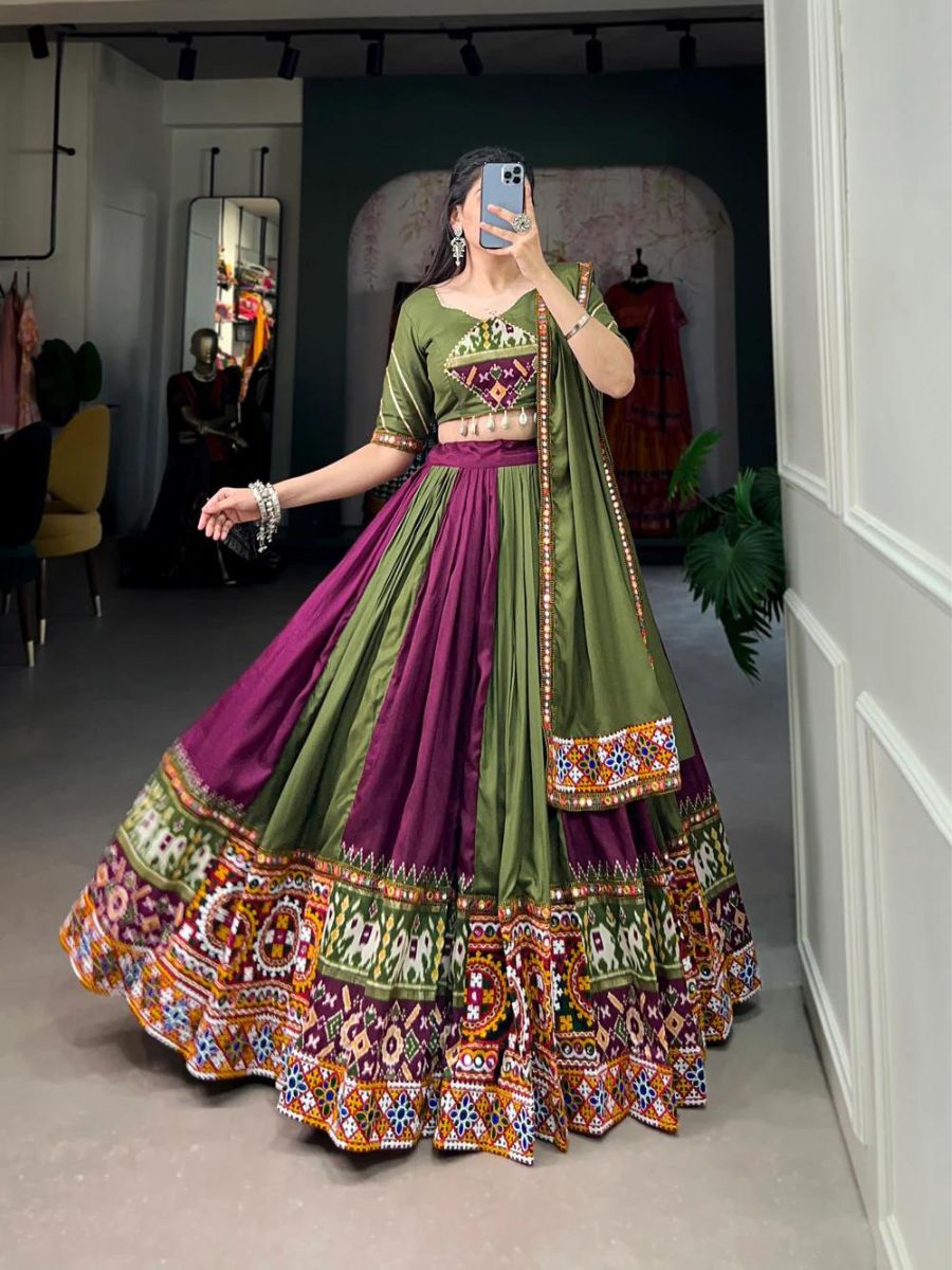 Wine and Parrot Green Gamthi Printed Silk Chaniya Choli -Flair