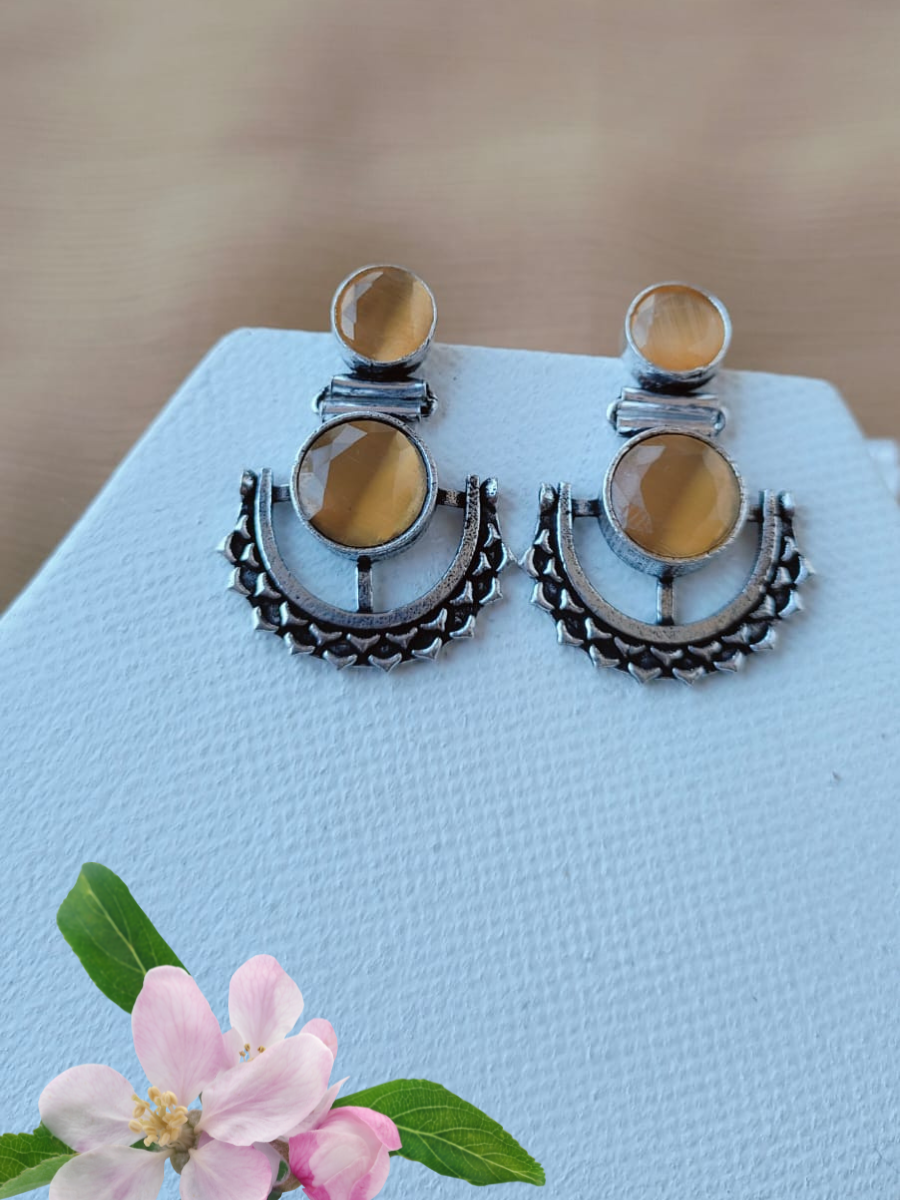 Yellow Stone Studded Oxidised Silver Dangler Earrings