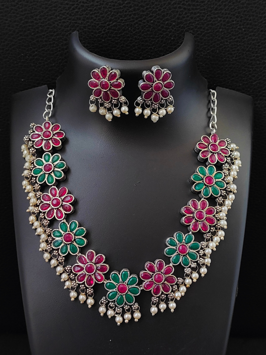 Buy Ruby Red and Green Stone Oxidised Silver Necklace Set - TheJewelbox