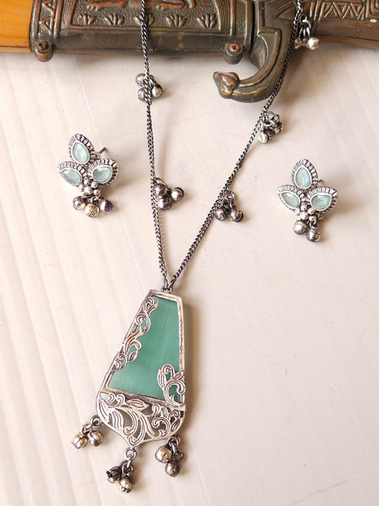 Sea Green Stone German Silver Oxidised Pendant Set