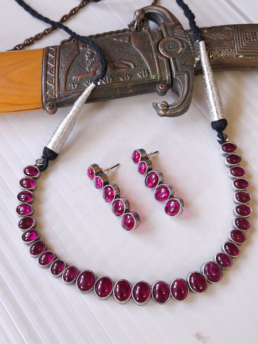 Buy Rani Pink Stone German Silver Oxidised Necklace Set - TheJewelbox
