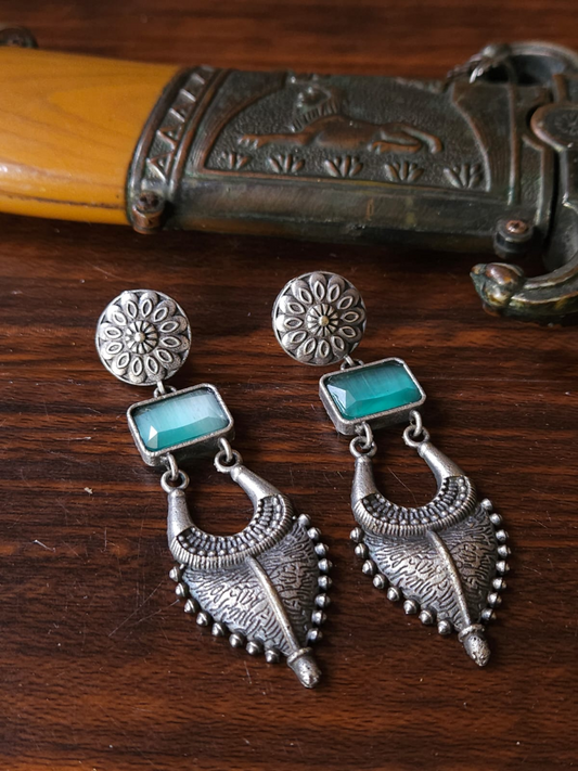 Buy Sea Green Stone Long German Silver Earrings - TheJewelbox