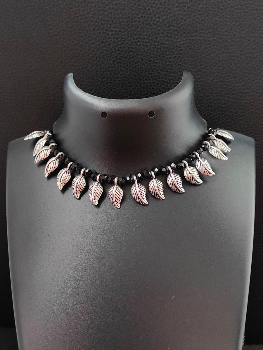 Leaf Pattern Oxidised Silver Choker Necklace