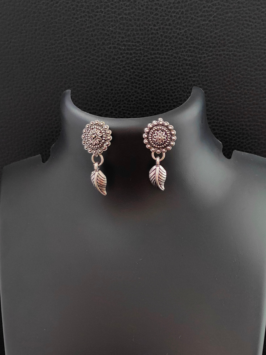 Leaf Pattern Oxidised Silver Earrings