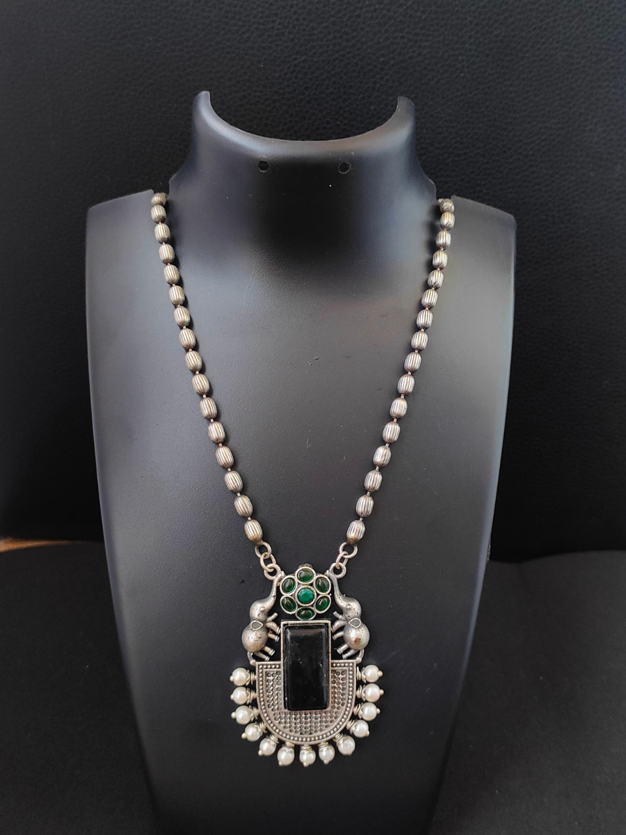 Elephant Style German Silver Oxidised Long Necklace Set