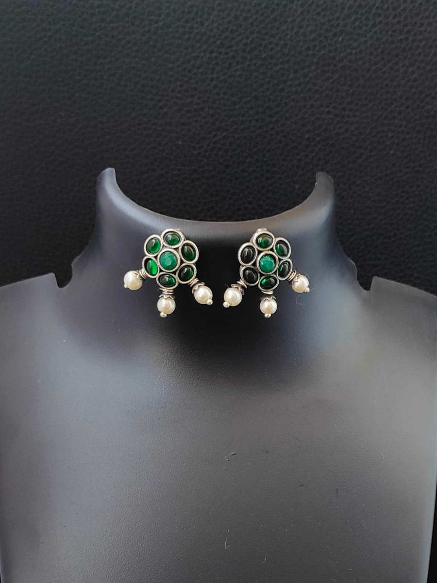 Green Flower Shaped German Silver Oxidised Earrings