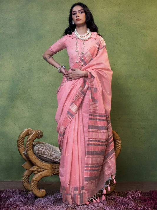 Buy Blush Pink Checkered Border Handloom Cotton Saree Online - AllThingsAboutWedding