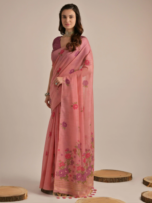 Buy Charming Rose Pink Floral Woven Handloom Cotton Saree Online - AllThingsAboutWedding