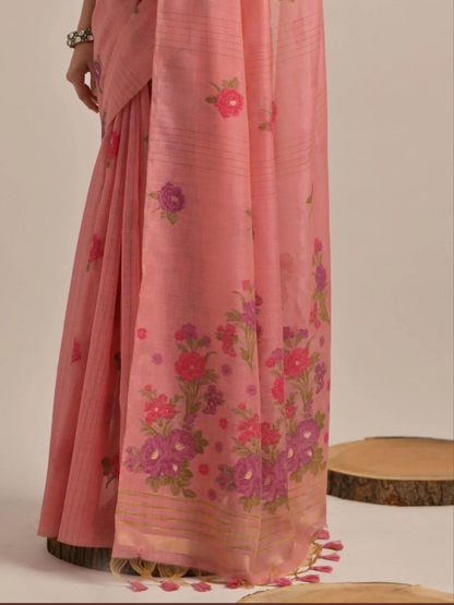 Charming Rose Pink Handloom Cotton Saree - Floral Woven Pallu