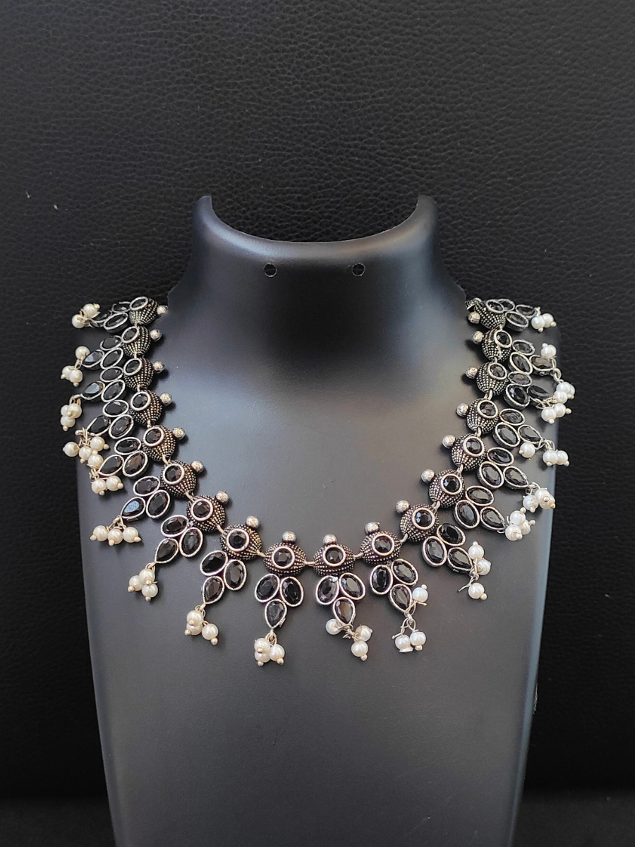 Classic Black Stone Oxidised Silver Necklace
