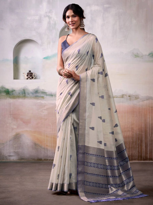 Buy Classic Off White and Blue Motif Woven Handloom Cotton Saree Online - AllThingsAboutWedding