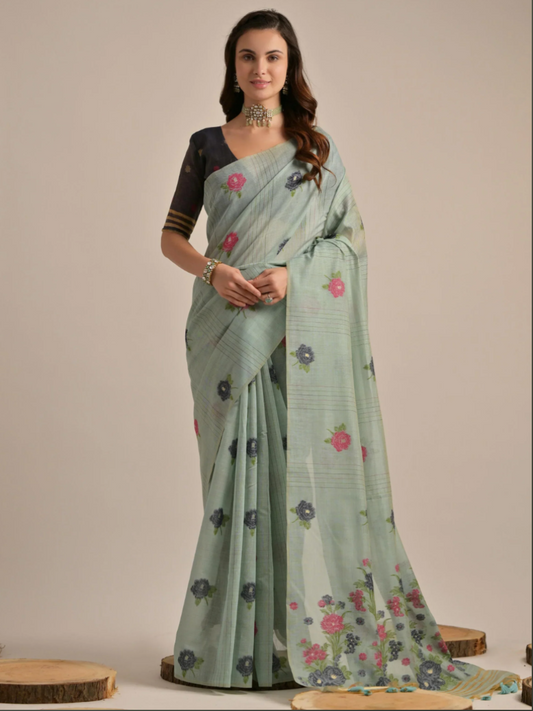 Buy Classic Pastel Green Floral Woven Handloom Cotton Saree Online - AllThingsAboutWedding
