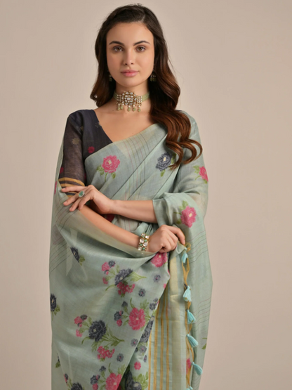 Classic Pastel Green Floral Woven Handloom Cotton Saree with Grey Blouse