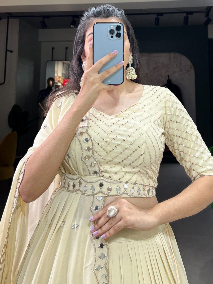 Cream Sequins and Floral Embroidered Georgette Lehenga - Blouse Front Neck