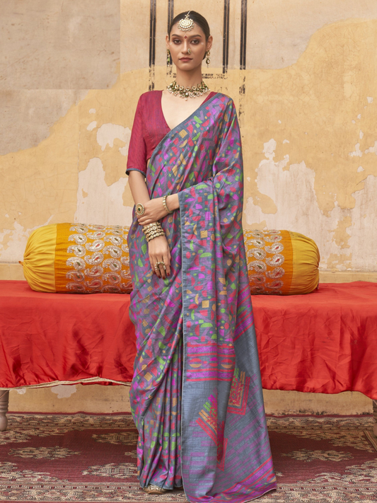 Buy Designer Grey and Red Digital Printed Silk Blend Saree Online - AllThingsAboutWedding
