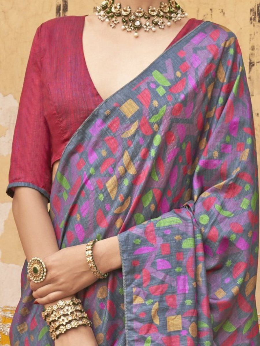 Designer Grey and Red Digital Printed Silk Blend Saree - Closeup Digital Print
