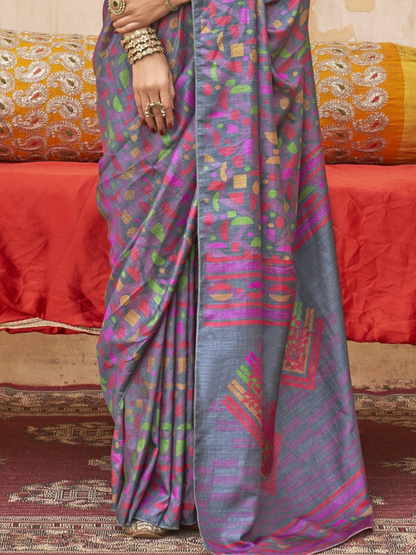 Designer Grey and Red Digital Printed Silk Blend Saree - Pallu