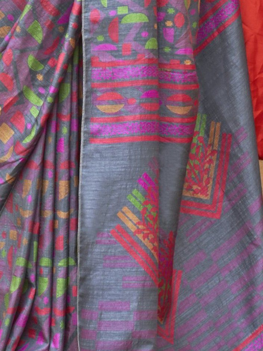 Designer Grey and Red Digital Printed Silk Blend Saree 
