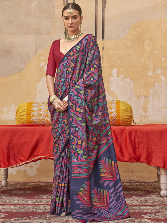 Buy Designer Navy Blue Geometric Digital Printed Silk Saree Online - AllThingsAboutWedding