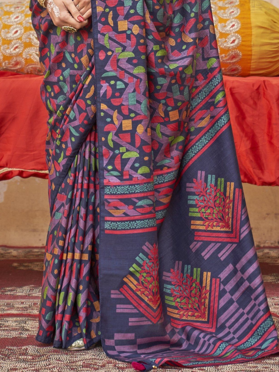 Designer Navy Blue Geometric Digital Printed Silk Saree -  Pallu