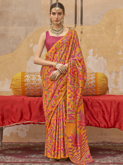Biuy Designer Orange Geometric Digital Printed Silk Saree Online - AllThingsAboutWedding
