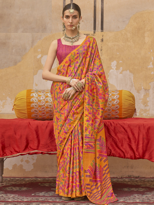 Biuy Designer Orange Geometric Digital Printed Silk Saree Online - AllThingsAboutWedding