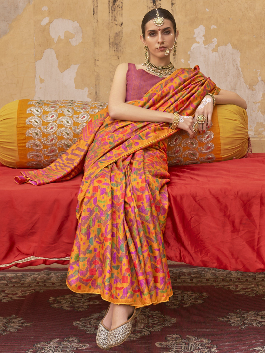 Designer Orange Geometric Digital Printed Silk Saree