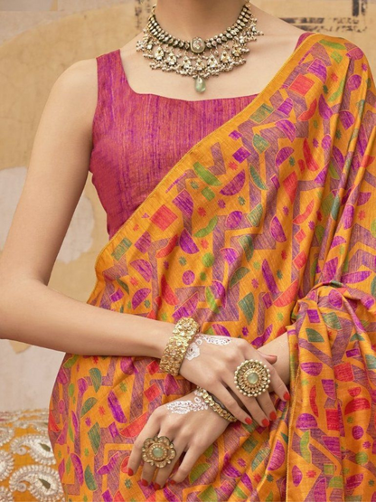 Designer Orange Geometric Digital Printed Silk Saree - Blouse