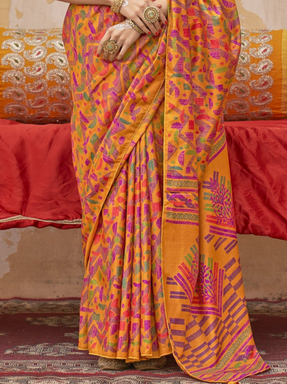 Designer Orange Silk Saree - Geometric Digital Print