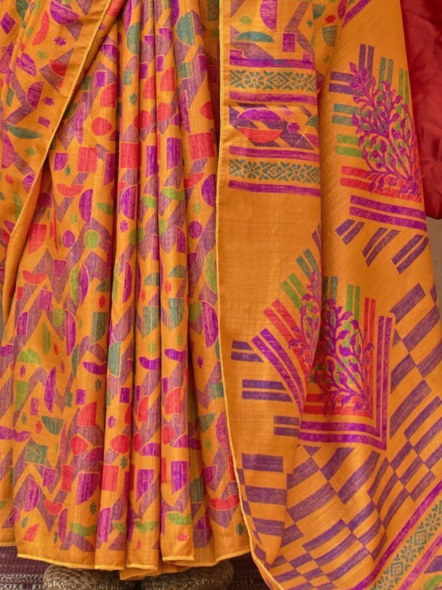 Designer Orange Geometric Digital Printed Silk Saree - Pallu