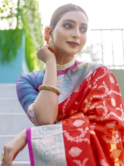 Designer Red Zari Woven Wedding Banarasi Silk Saree with Blouse