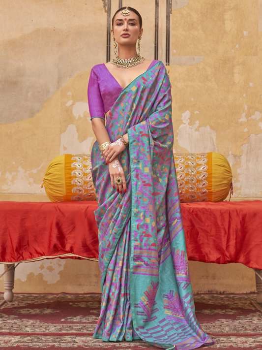 Buy Designer Teal Blue and Purple Digital Printed Silk Saree Online - AllThingsAboutWedding