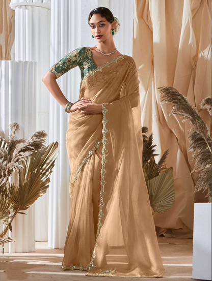Buy Elegant Beige Organza Saree with Green Printed Blouse Online in India - AllThingsAboutWedding