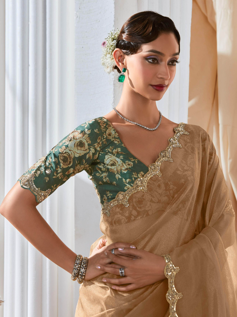 Elegant Beige Organza Saree - Green Printed Blouse