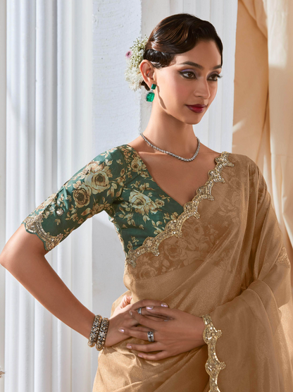 Elegant Beige Organza Saree - Green Printed Blouse