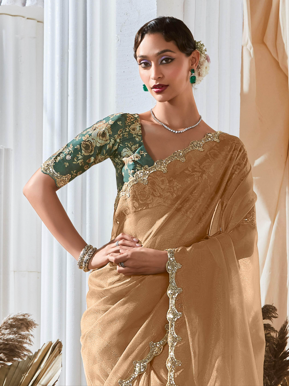 Elegant Beige Organza Saree with Green Printed Blouse