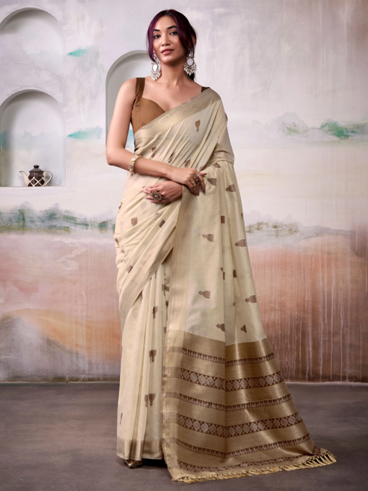 Buy Elegant Golden Zari Work and Floral Motifs Cream Cotton Saree Online - AllThingsAboutWedding